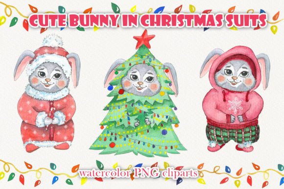 Cute Watercolor Bunny in Christmas Suits Illustrations