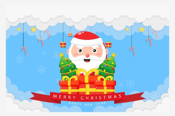 Merry Christmas Card with Santa and Gift Illustrations