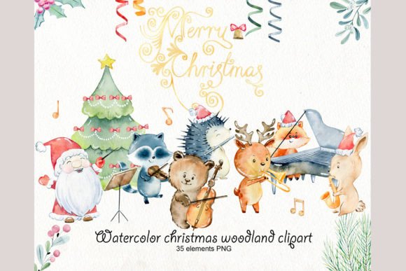 Watercolor Christmas Woodland Clipart & Illustrations