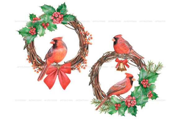 Watercolor Christmas Wreaths with Birds: Festive Illustrations