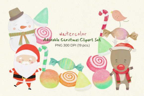 Watercolor Cute Christmas Clip Art Set: Editorial Illustrations